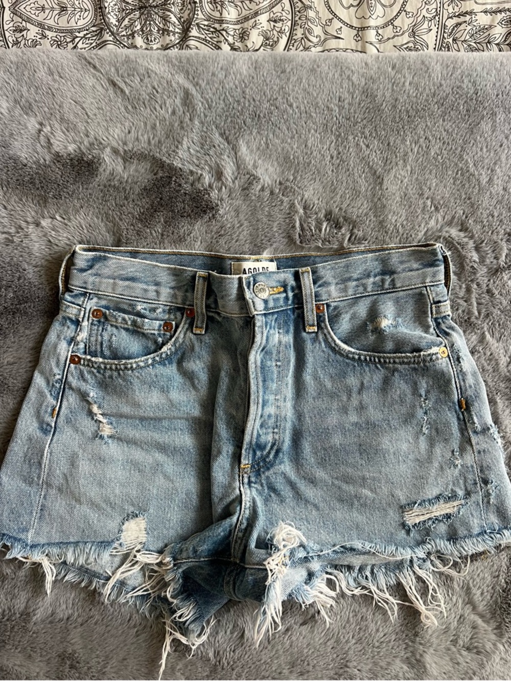 Agolde Light Blue Distressed Denim Cutoff Shorts